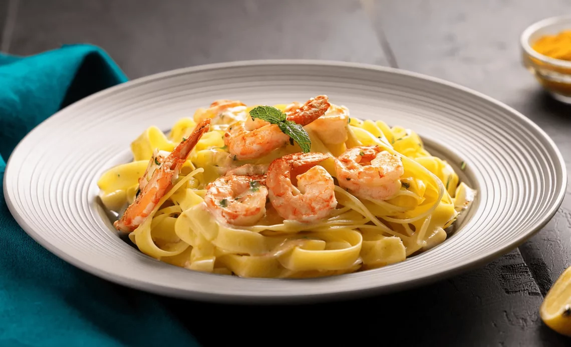 Kremet tagliatelle med scampi & mango chutney